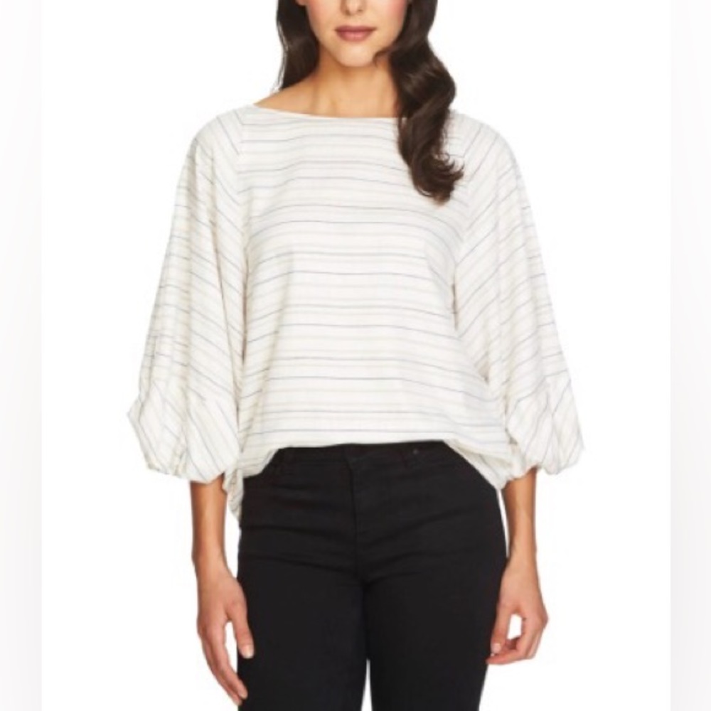 1. State Puff Sleeve 3/4 Sleeve top Striped Metallic Blouse